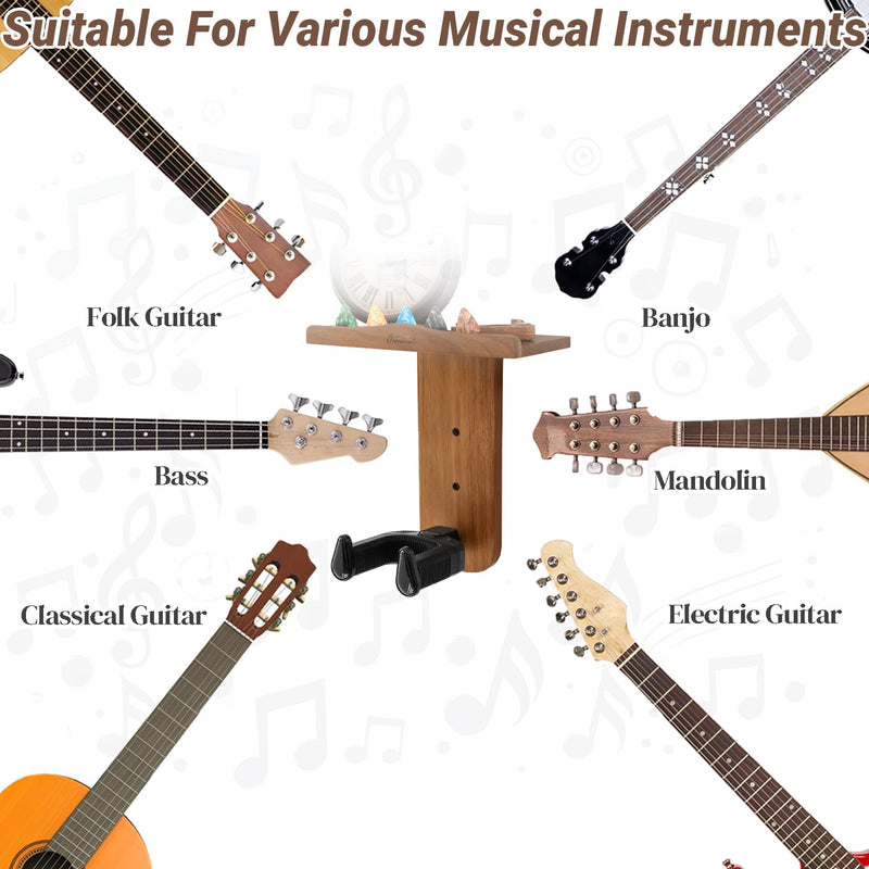 Guitar Wall Mount, Auto Lock Guitar Hanger, Wood Guitar Wall Hangers Shelf with Pick Holder, Guitar Holder Wall Mount for Acoustic, Electric Guitar, Ukulele, Bass, Mandolin Gift Acacia Wood
