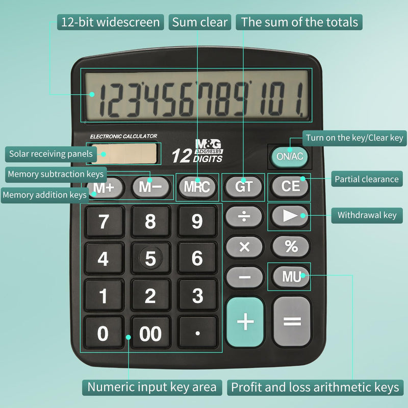 M&G Desk Calculator 12 Digit Office Calculators with Large LCD Display, Dual Solar Power and Battery, Recessed Big Button Calculator for Office Home School (Black) Basic
