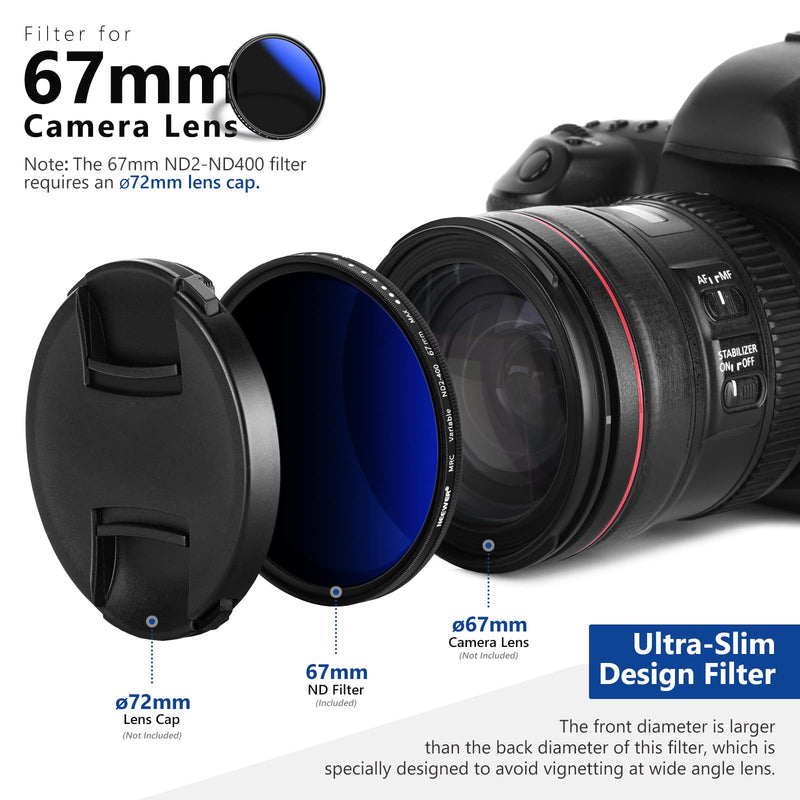 [AUSTRALIA] - NEEWER 67mm MRC Variable ND Filter ND2-ND400, Neutral Density Adjustable ND Filter (0.3 to 2.7,1 to 9 Stops), Multi Layer Coated Optical Glass, Water Repellent & Scratch Resistant Ultra Slim Filter 