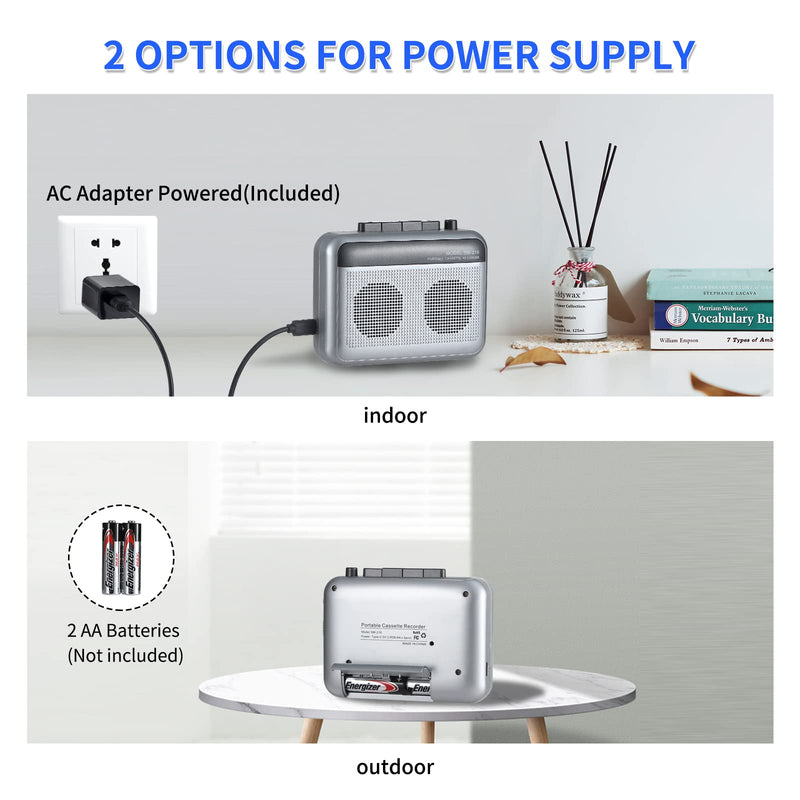 Portable Cassette Player Recorder with Bluetooth Transmitter, Walkman Cassette Tape Player with Headphone Jack, Build-in Speaker, Microphone Jack, Powered by AC Adapter or AA Battery Sliver