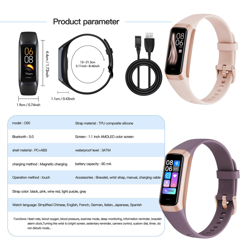 Fitness Tracker, Step Tracker Sport Bracelet Pedometer Calories Women, 1.1" AMOLED Smartwatch 3ATM Waterproof with Blood Pressure/Heart Rate Monitor for Men, Smart Watch for Android/iOS Phones (Pink)