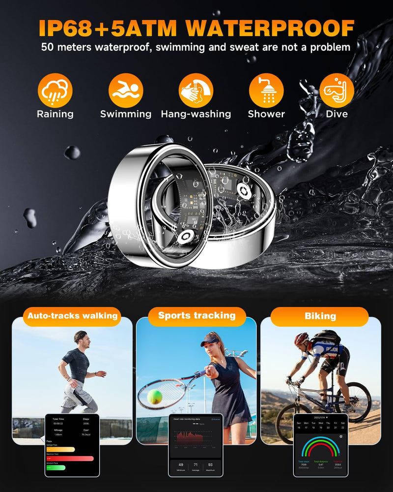 Smart Ring Health Tracker with Charging Case,Sleep,Heart Rate & Blood Oxygen Monitor, 5ATM+IP68 Waterproof Fitness Ring, No Subscription,3-7Day Battery,iOS & Android Compatible for Men Women silver8# SY02-silver 8#