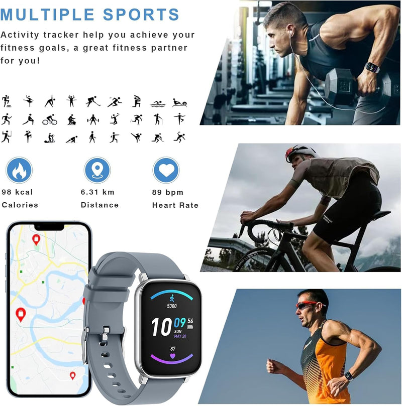 Fitness Tracker, Smart Watches for Men Women with Blood Pressure, 1.65" for Android iPhone Samsung Compatible Fitness Watch with Sports Modes Heart Rate/Blood Oxygen IP68 Smartwatch Blue