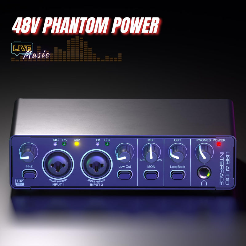24Bit 192kHz Audio Interface, 2 In 2 Out USB Audio Interface for Recording, Streaming, Podcasting with Pro Audio Mixer, Mic Preamplifier, XLR TSR TS Ports, 48V Phantom Power