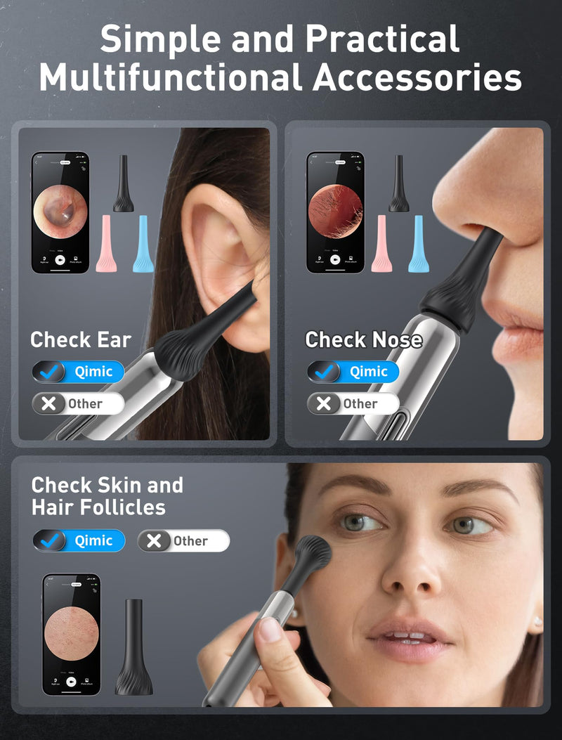 Qimic Ear Wax Remover Otoscope, WiFi Ear Cleaner with Camera, IP67 Waterproof Ear Camera, 360° Wide Angle Otoscope Camera with 6 LEDs for iPhone, Android Smartphones and iPad N5D 2-Black Grey