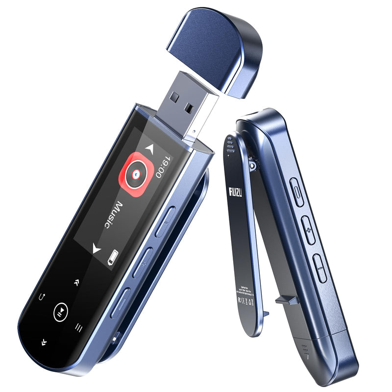 RUIZU 64GB USB MP3 Player with Bluetooth 5.3, Clip Jam Portable Music Player for Sports Running, USB MP3 Player Stick with FM Radio, Voice Recorder, Digital Audio Shuffle Repeat, Phone File Transfer Blue