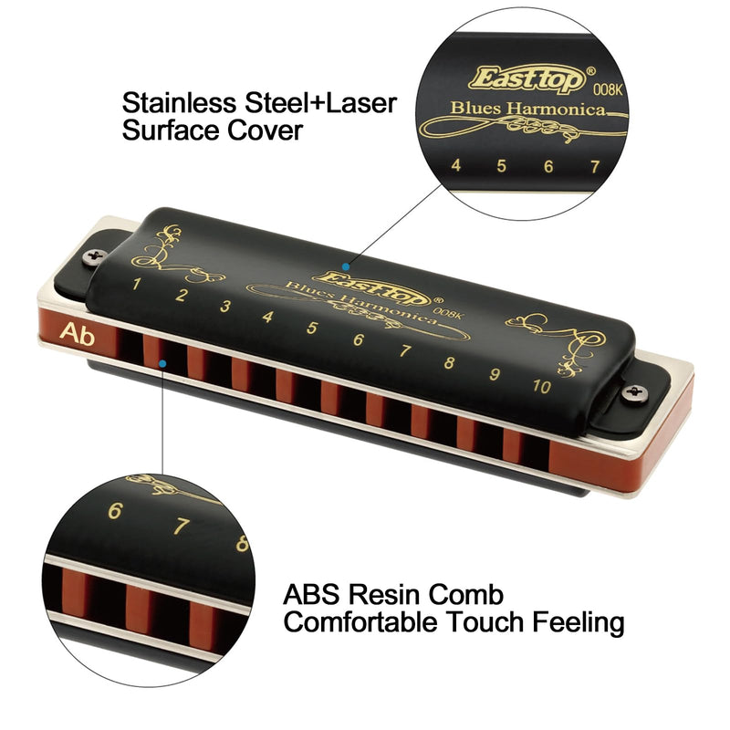 [AUSTRALIA] - East top Diatonic Harmonica Key of Ab 10 Holes 20 Tones 008K Mouth Organ with Black Cover, Top Grade Harmonica for Adults, Professionals and Students 