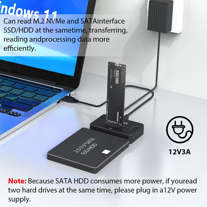 AOKO Dual Bay Hard Drive Docking Station Reader Adapter for M.2 NVMe SSD+ 2.5/3.5 SATA Drives, Support Simultaneous read & write, Included 12V/3A Power Adapter