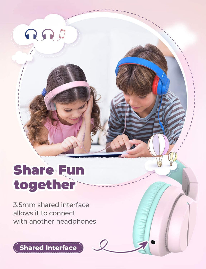 iClever HS19 Kids Headphones with Microphone for School, Volume Limiter 85/94dB, Over-Ear Girls Boys Headphones for Kids with Shareport, Foldable Wired Headphones for iPad/Travel (Pink) Pink M