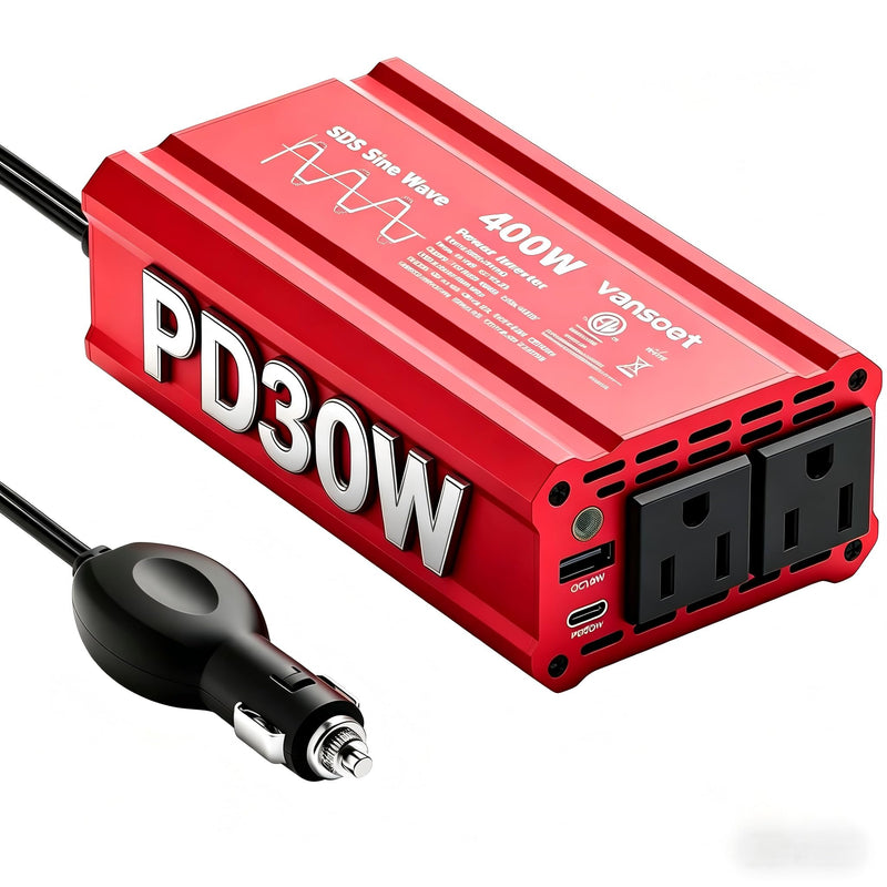 400W Car Power Inverter, DC 12V to AC 110V, PD3.0 QC18W 2 Outlets Dual USB | Peak Clipped Sine Wave, Car Charger Plug Adapter Power Converter, Charging Ports (Red-400) Red-30
