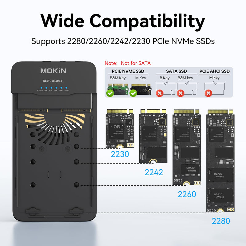MOKiN 40Gbps M.2 NVMe SSD Enclosure Duplicator for USB4 Dual-Bay | Cooling fan tool-free m.2 nvme ssd clone duplicator for M4/Pro/MacBook Mac mini supports 2230/2242/2260/2280 SSDs Gray