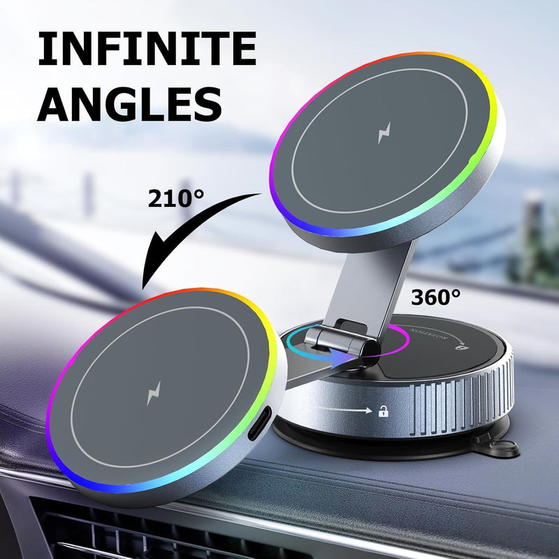 2026 Upgraded MagSafe Car Mount Charger 15W Fast Wireless Charging, 360° Adjustable Vacuum Magnetic Suction Phone Holders for iPhone 17-12 & Android
