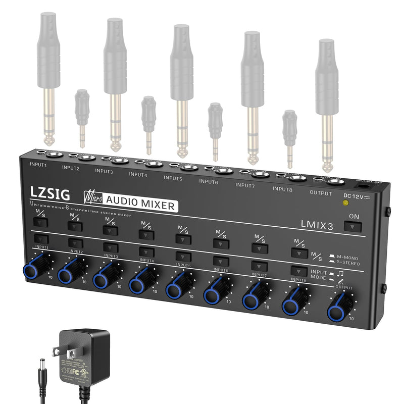 LZSIG Audio Mixer, Stereo Line Mixer for Sub-Mixing, Ultra Low-Noise, 8-Channel, Dynamic Microphone Independent Control, 1/4" & 1/8" TRS Output and Input, for Guitars,Bass,Keyboards Large(8-channel)