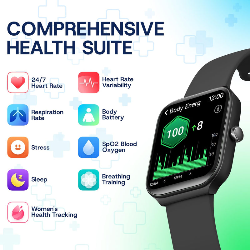OCTANDRA Inspire VeryFit 1.95" Bluetooth Answer Call Alexa Smart Watch Body Energy Heart Rate HRV Oxygen Saturation Sleep Monitor Step Tracker IP68 Fitness Watches for Men Women (IDW16) (Black) IDW16 - Black