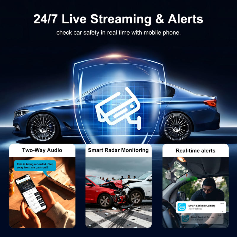4G LTE Car Dash Cam Front and Cabin Camera,Car Camera with SIM Card (No WiFi),64GB SD Card,Dashcam with Night Vision,Remote Live-View,24/7 Parking Mode,Radar Motion Detection,GPS Tracking,OBD Power