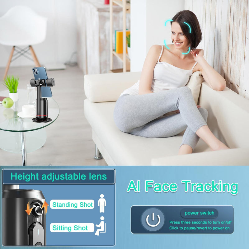 Auto Face Tracking Tripod 360° Rotating Auto Tracking Phone Stand, No App, Gesture Control Smart Shooting Camera Mount with Selfie Light and Remote for Live Vlog Streaming Video Tiktok-Rechargeable