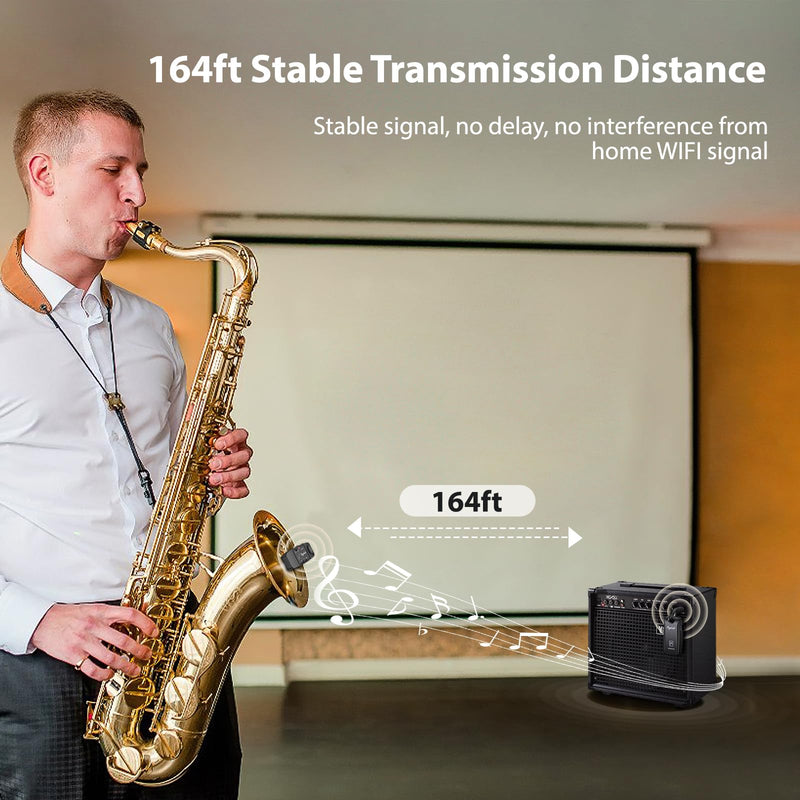[AUSTRALIA] - UHF Wireless Saxophone Microphone System, Rechargeable Mic Pickup System with Storage Case, 164 Feet Range, Clip-On Transmitter with Treble/Bass/Middle Adjustment, for Most Brass Instruments 