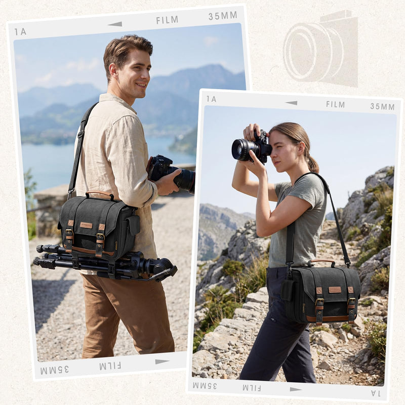 RAINSMORE Camera Sling Bag Canvas Crossbody Camera Case with Rain Cover | Water-Resistant Camera Shoulder Bag for DSLR Mirrorless Compact Camera Bags with Removable Dividers, Tripod Holder for Travel Black