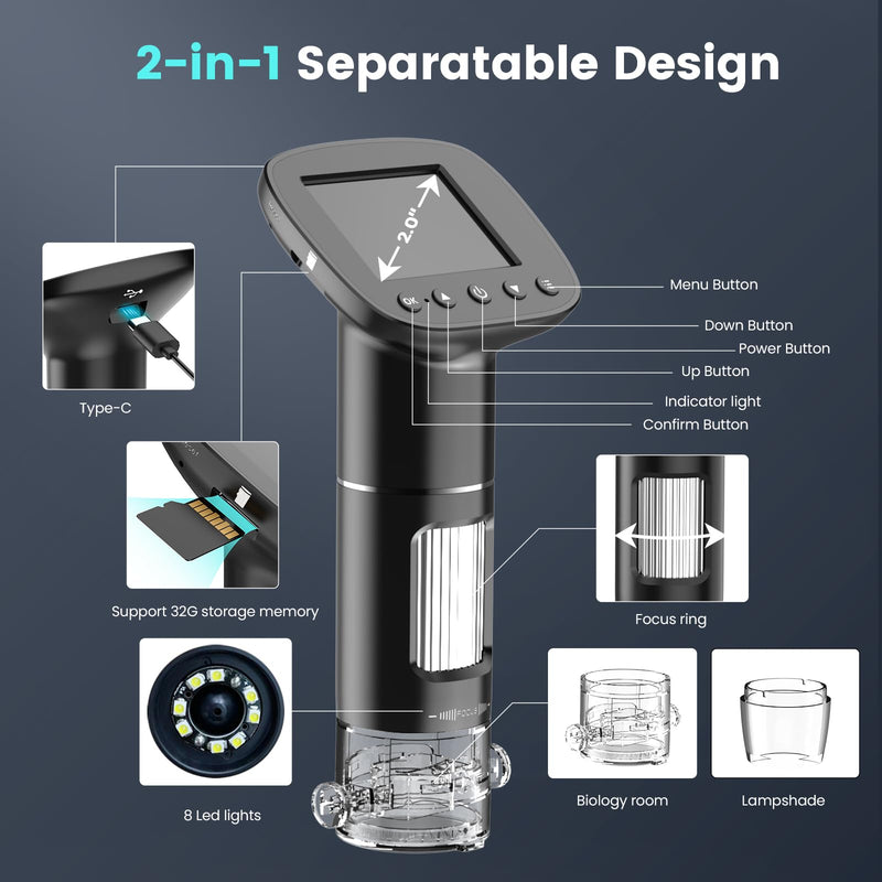 [AUSTRALIA] - Kids Microscope for Ages 8-12, Handheld Digital Microscope D-MS1 with 2" IPS Screen - Take Pictures & Videos - Download to PC & Mac - 1000X Pocket Microscope, Used Birthday for Kids black with stand 