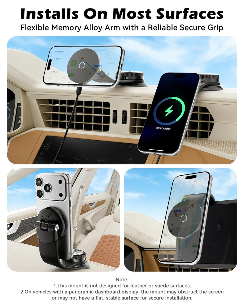 CloudValley Magnetic Car Mount with 15W Fast Charging, 360° Adjustable Bendable Aluminum Arm, Dashboard & Windshield Wireless Charger Phone Holder with Upgraded Silicone Adhesive Pad for iPhone Magnetic Wireless Car Charger