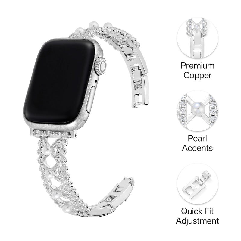 Lace-Inspired Copper Watch Band for Women Compatible with Apple Watch 38/40/41/42/44/45/46/49mm, for iWatch Series 11/10/9/8/7/6/5/4/3/2/1 Ultra3 SE, Pearl Metal Bracelet Silver 42(Series 10-11)/38/40/41mm