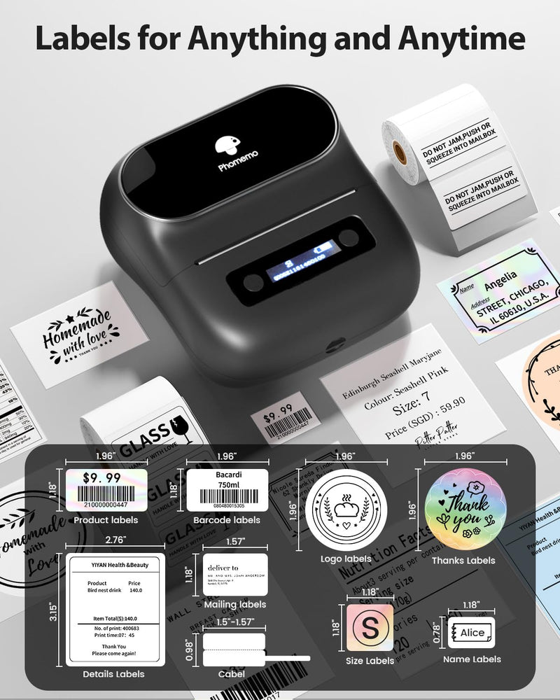 [AUSTRALIA] - Phomemo M220 Label Maker,Thermal Label Printer,Upgrade Bluetooth Label Sticker Maker Machine, Multiple Template Font for Home,Office,Business,Organization,Inkless Printer Compatible with Phone &Laptop Black 1 Printer + 1 Roll Labels 
