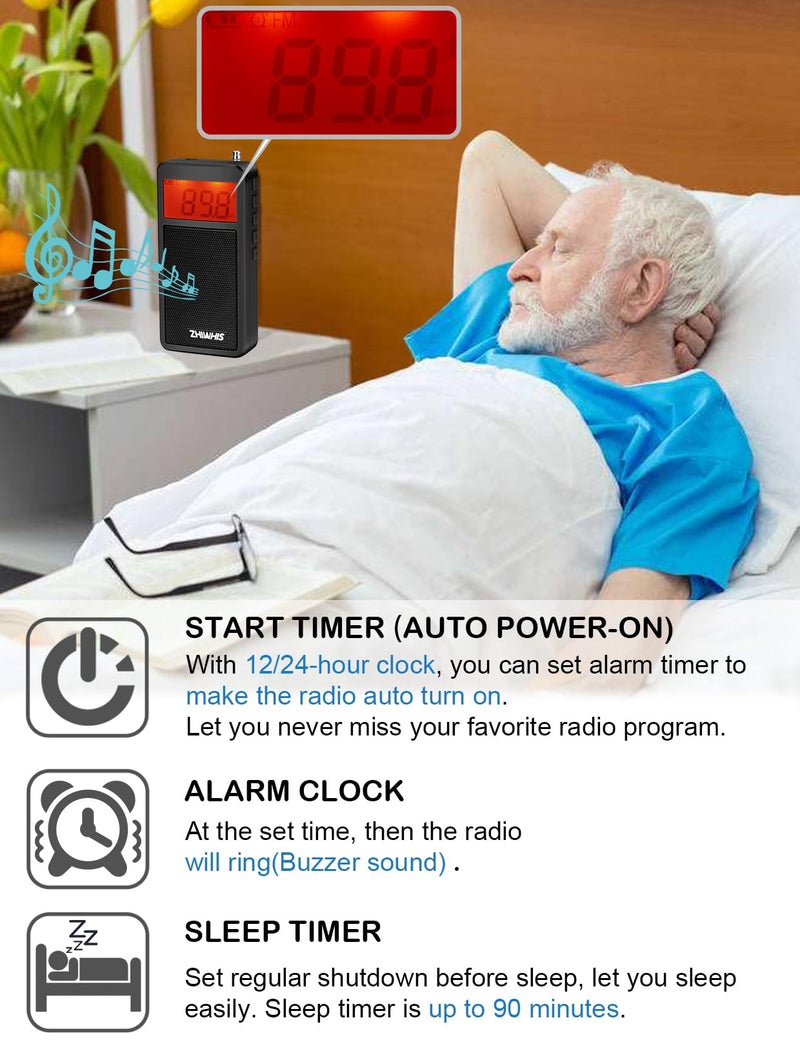 [AUSTRALIA] - ZHIWHIS Portable Radio, AM FM Receiver, DSP Small Pocket Radios Operated by AAA Batteries, Digital Clock, 100 Station Memory, Start Timer/Sleep Timer, for Walking/Running, Black ZWS-105 