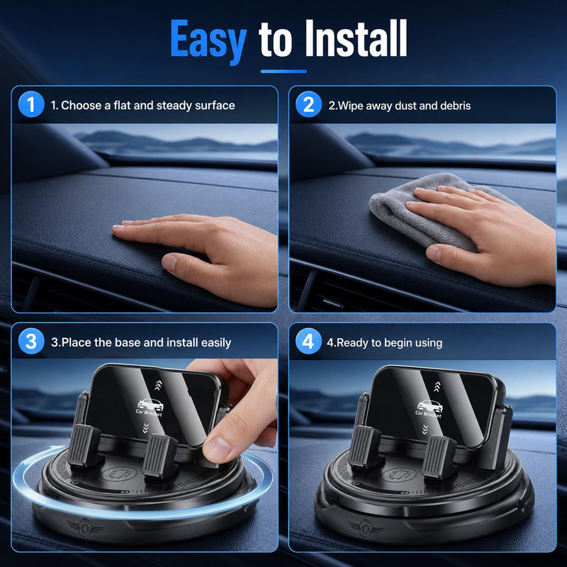 Car Phone Holder 360 Degree Rotation, 2026 New Dashboard Phone Mount with Adjustable Spring Clip for Smartphones