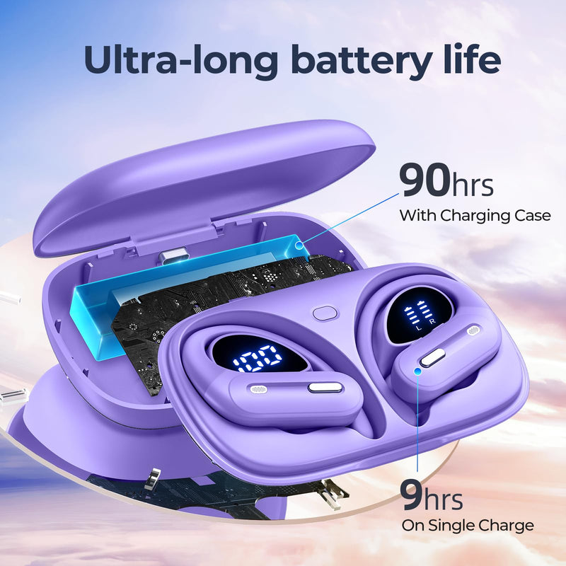 GNMN Active Noise Cancelling Ear Buds Wireless Earbuds 90Hrs Playtime Hi-Res Stereo Deep Bass Power Display Earphones with Earhooks Waterproof Transparency Headset for Sports/Gym Light Purple