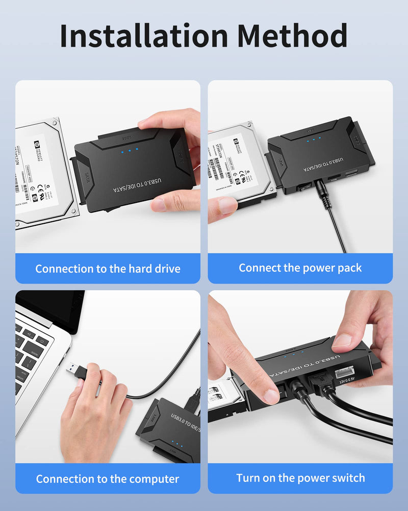 POSUGEAR USB 3.0 to IDE and SATA Adapter, External Hard Drive Reader Ultra Recovery Converter for Universal 2.5"/3.5" Inch HDD/SSD Hard Drive Disk, Hard Drive Adapter Included 12V/2A Power Adapter YYT-1