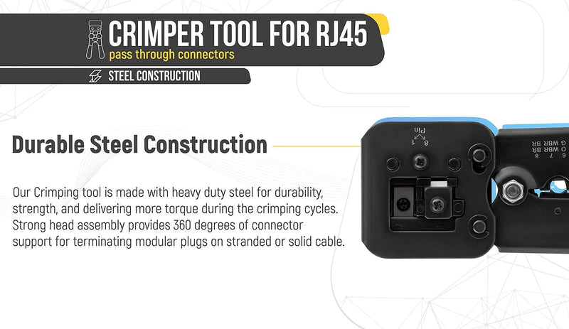Bundle – 2 Items: RJ45 Cat7 & Cat6A Pass Through Connectors - 30 Pcs + RJ45 Crimp Tool for Pass Through Connector End