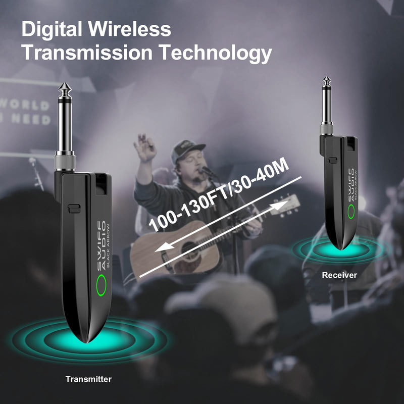 Wireless Guitar System, Digital Wireless System UHF Wireless Guitar Transmitter Receiver Support Multi Channels Rechargeable Long Battery Life for Guitar Bass Electric Instruments (Black) Black