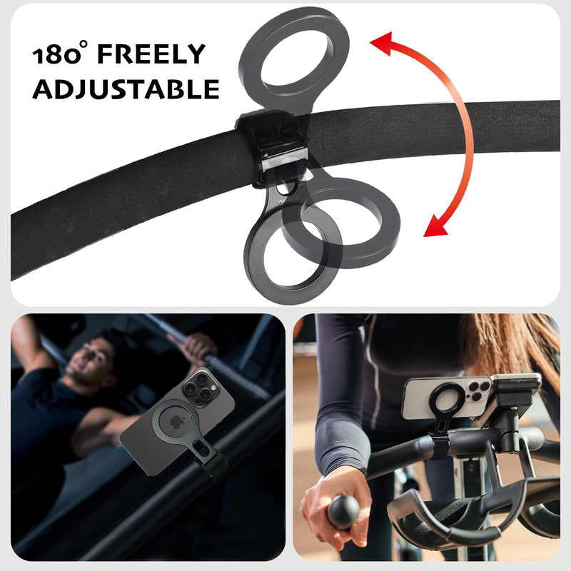 Magnetic Phone Holder for Stroller Bar, Gym Fitness Phone Mount for MagSafe, (Strong Magnet) - 180° Adjustable for Gym, Peloton Exercise Bikes, with Adjustable Strap (Magnetic Ring Included) Black