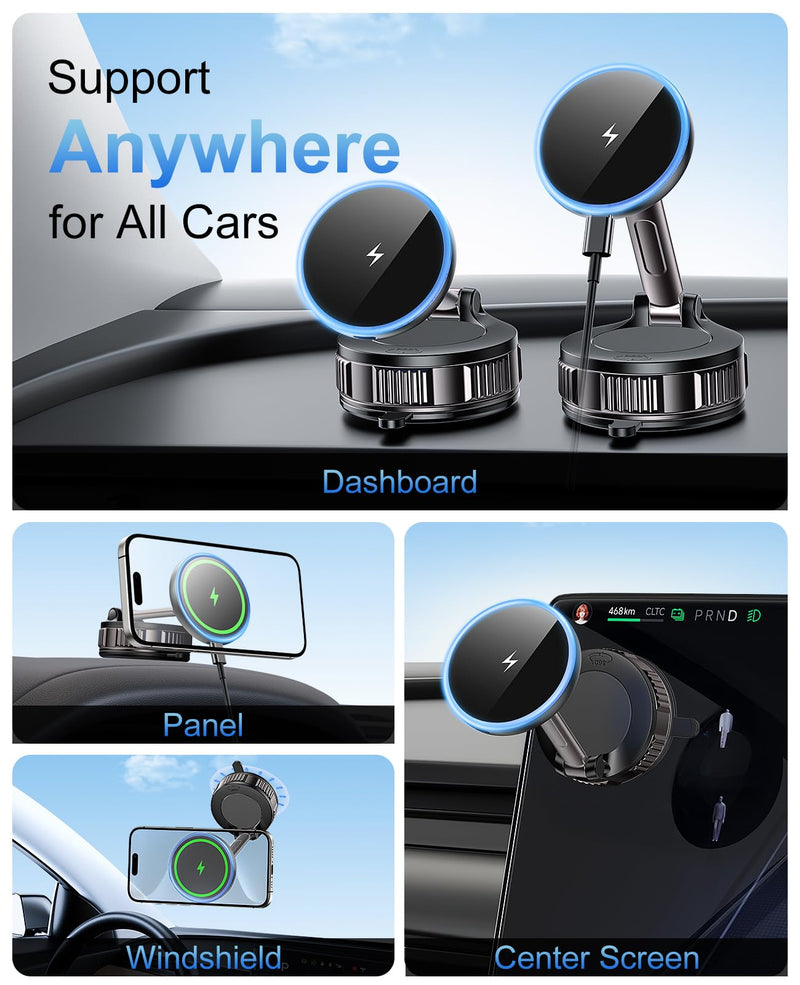 iPhone Magsafe Car Mount Charger 15W Fast Wireless Charging for Your car | [120+ LB Strongest Suction & 2800gf Strongest Magnetic] 360° Adjustable Car Phone Holders,for iPhone 17 16 15 14 13 12 series Black