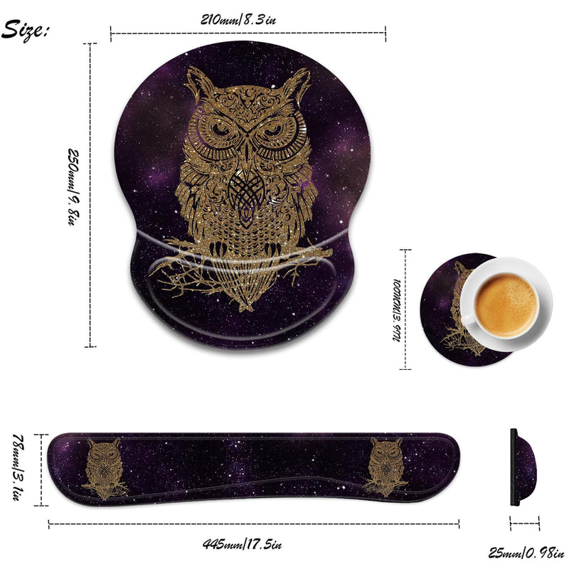 CUISHAN Ergonomic Gel Mouse Wrist Rest Pad and Keyboard Pad Set,Anti-Slip PU Bottom Easy Typing and Relieve Wrist Pain with Cute Coaster Set (3-Starry Owl) 3 Set-006