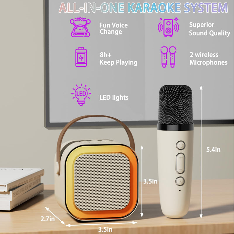 2024 Mini Karaoke Machine for Kids Adults, Portable Bluetooth Karaoke Speaker with 2 Wireless Microphones, Ideal Gifts for Girls Boys Age 4-12+, Perfect for Birthday Parties, Home, Outdoor beige