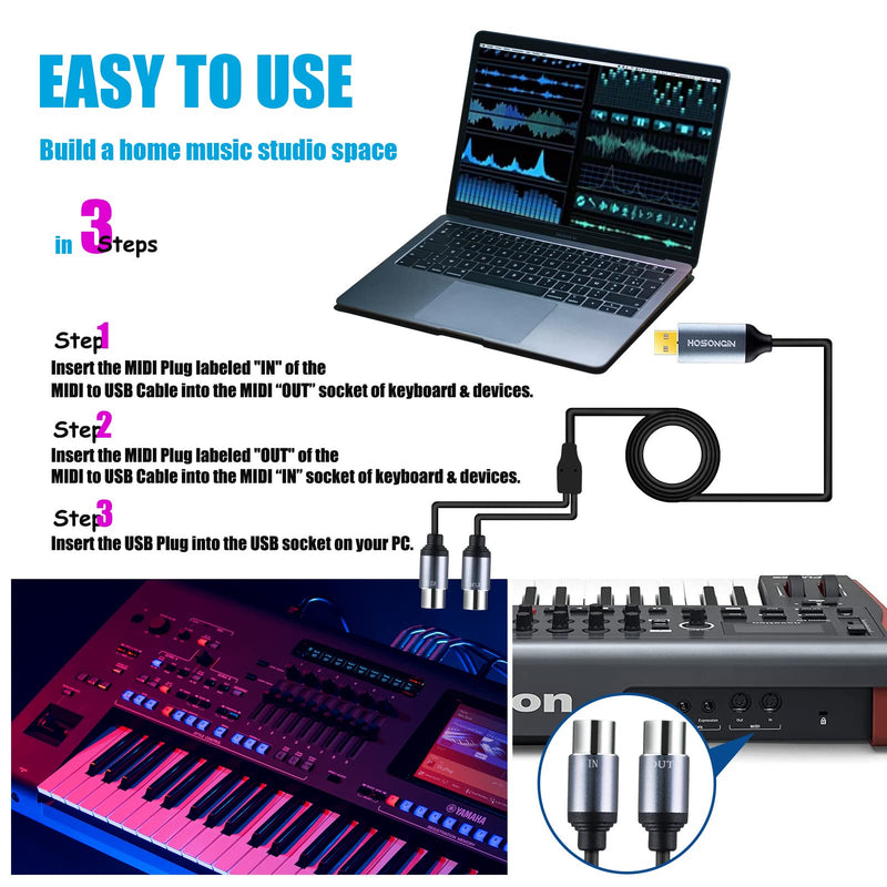 HOSONGIN MIDI to USB Cable 6 Feet, USB to 5-PIN MIDI Interface Adapter Connecting with Keyboard Synthesizer Drum for Editing Recording 5PIN-MIDI to USB