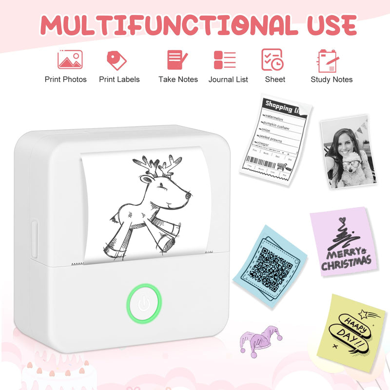 Mini Printer, Portable Thermal Printer with 10 Rolls Paper, Sticker Printer Machine, Study Printer for Notes, Photos, Journals, DIY, Mini Pocket Printer Compatible with Android & iOS 1 White Printer & 10 Rolls Paper