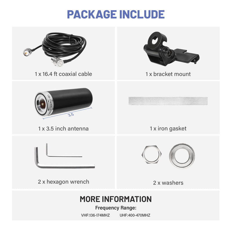 Anina Vehicle Ham Mobile Radio Antenna Dual Band VHF UHF 136-174/400-470 MHZ with Lip Mount Fixed Bracket W/ PL259 Male to SO239 Female Extension 16.5ft RG58 Pure Copper Coaxial Cable