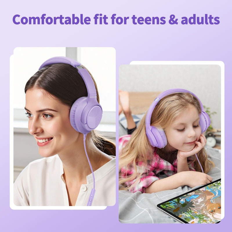 Botesty Sound Headphones Wired with Microphone, Over Ear Foldable 3.5mm Plug in Headphones with 4.9ft Tangle-Free Nylon Cord for Tablet, Laptop, MP3/4, School, Airplane Travel (Purple) Purple