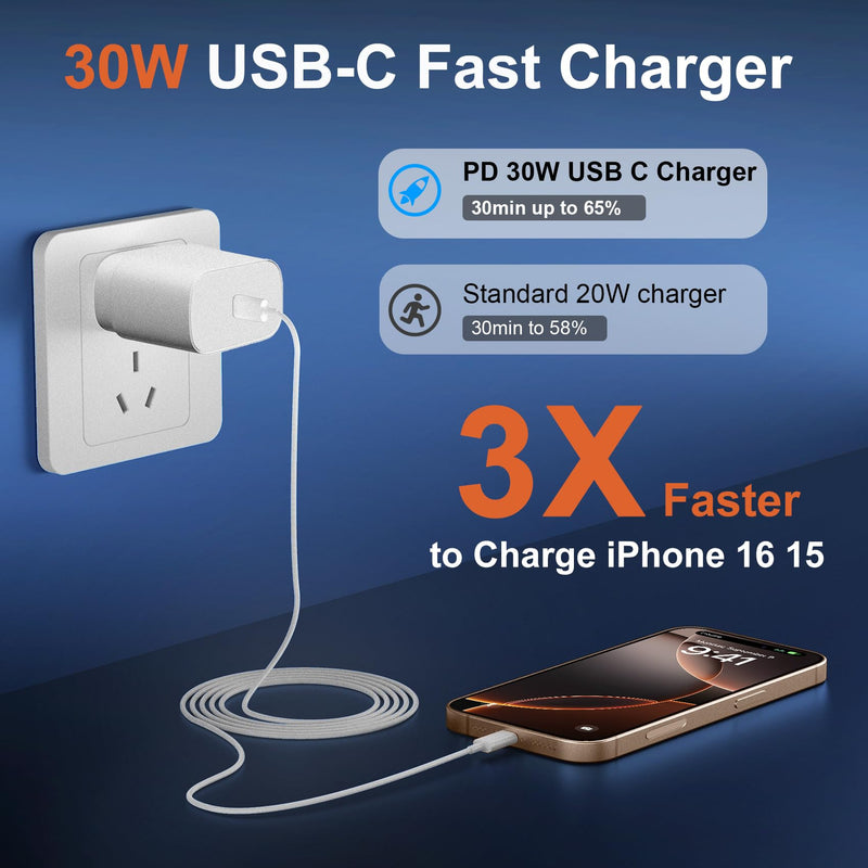 iPhone 16 15 Pro Max Charger Fast Charging, 30W USB C iPhone 15 16 Pro Max Fast Charger Block with 10FT Long USB C Charging Cable for iPhone 16 Pro Max/16 Pro/15 Pro Max,iPad,Samsung Galaxy S24 Ultra White