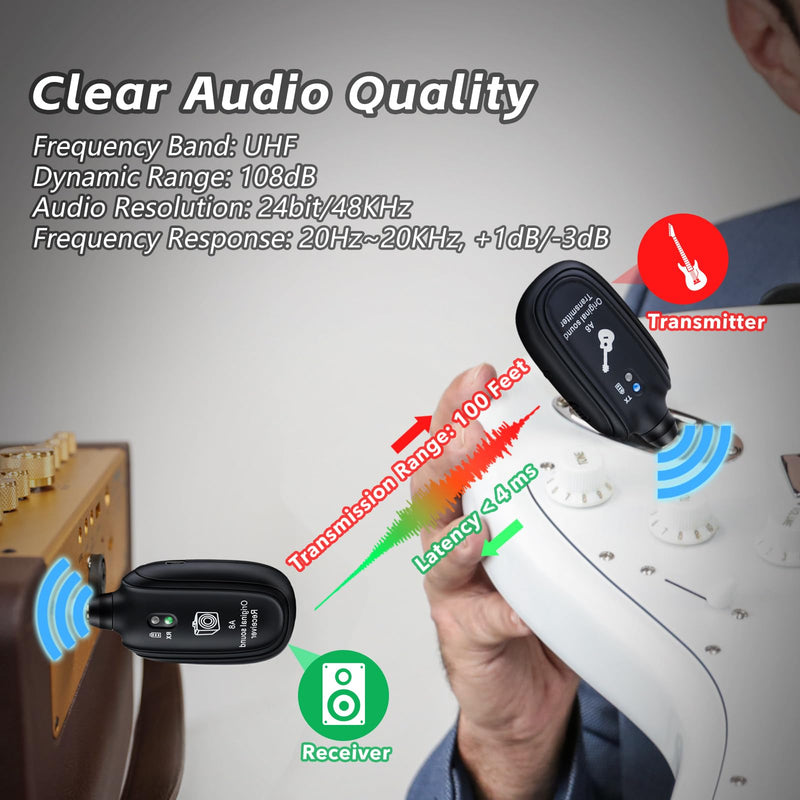 A8 Wireless Guitar Transmitter Receiver System, 2.4GHz Rechargeable, 24-bit/48KHz Audio, Low Latency <4ms for Electric Guitar & Bass, Wireless Audio Transmitter & Receiver (A8(1TX+1RX)) A8(1TX+1RX)