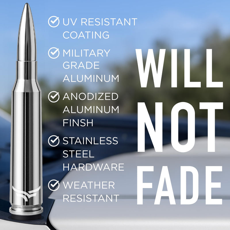 [AUSTRALIA] - 50 Cal Badass Bullet Antenna® Fits Chevy Silverado & GMC Sierra Truck Accessories — Short Replacement Antenna for Trucks — Chevy Silverado 1500 Accessories — Ditch The Whip & Upgrade Your Truck Silver/Chrome 