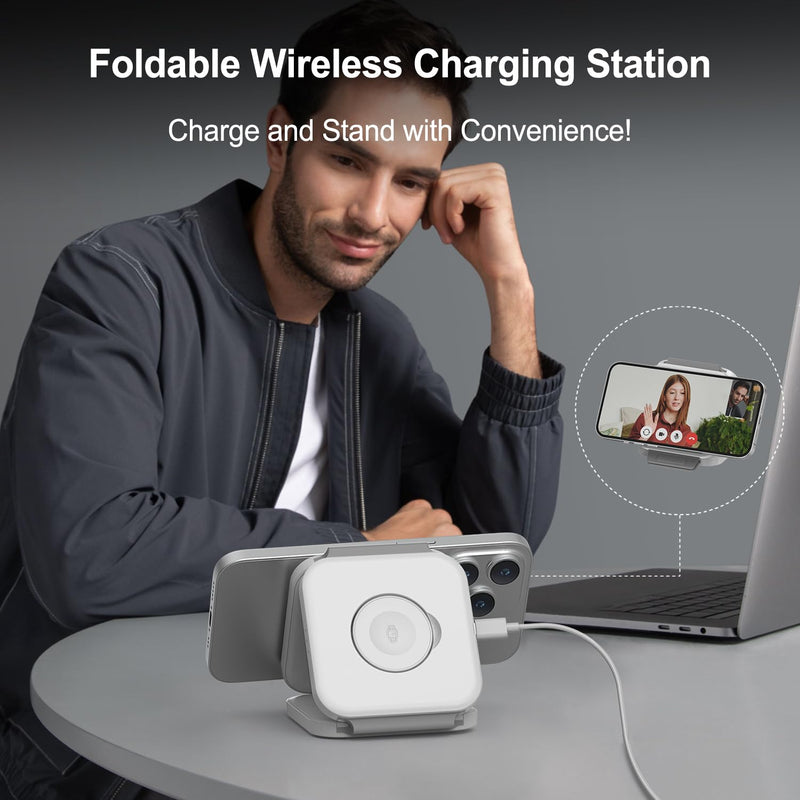 Wireless Charging Station for Apple Multiple Devices - 3 in 1 Foldable Magnetic Wireless Charger - Travel Charging Pad for iPhone 16 15 14 13 12 Pro Max Plus Watch & AirPods (White) White