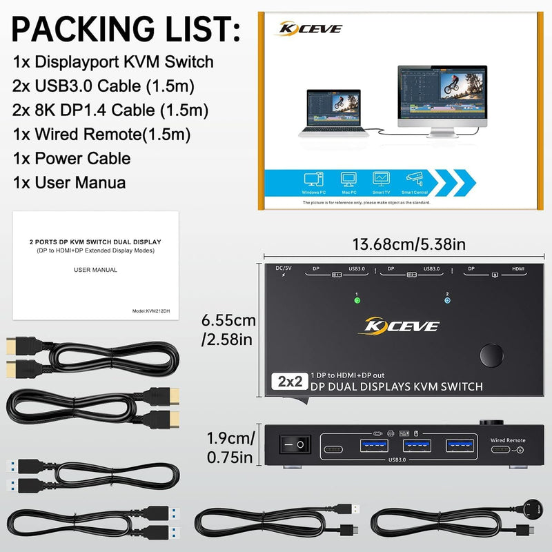 Displayport KVM Switch 2 Monitors 2 Computers 4K@60Hz,Camgeet USB3.0 Dual Monitor KVM Switches Displayport with 4 USB 3.0 Port for USB Device,Wired Remote and 2 Cable Included black 16 cm DP MST 2 Monitor 2 PC