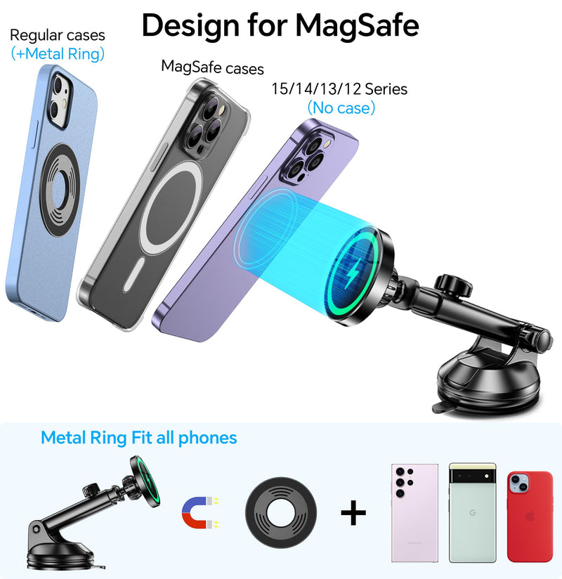 Kaistyle for Magsafe Car Mount Charger【Strongest Magnet】 Upgraded Wireless Car Charger Magnetic Phone Holders for Your Car Suction Cup Phone Mount for MagSafe Car Charger for iPhone 17 16 15 14 13 12