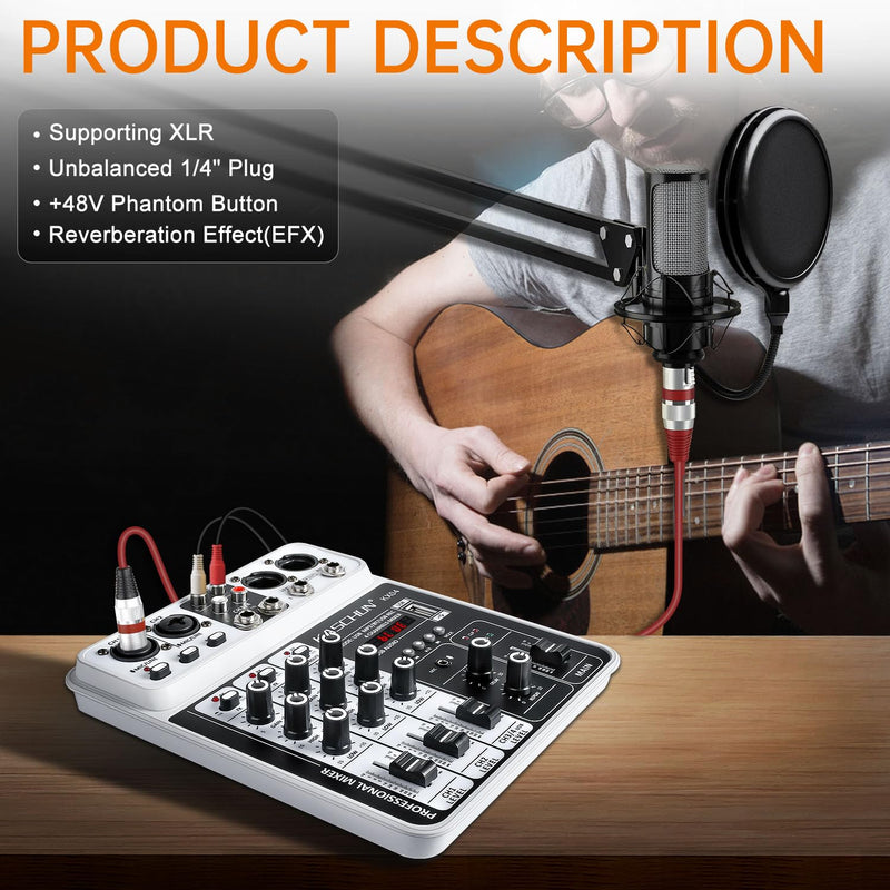 [AUSTRALIA] - Professional DJ audio mixer, 4-channel DJ mixer, Bluetooth sound mixer, supports USB/MP3/BT computer input, 48V phantom power stereo studio audio mixer suitable for DJ studio streaming recording KX04 