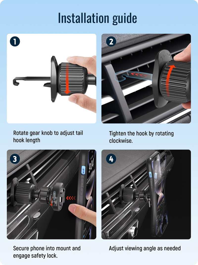 Car Air Vent Phone Holder - Series Q [ Quad ] - with Metal Hook Clip , Automobile Cradle Cell Phone Stand Quick Release Mount , 360° Adjustable ,Compatible with iPhone Android and All Smartphones Air Vent Mount - Series Q