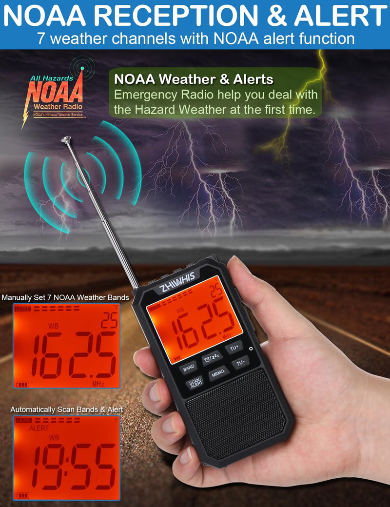 [AUSTRALIA] - ZHIWHIS Portable Radio, AM FM Stereo SW NOAA Weather VHF Receiver with Alerts, Rechargeable DSP Pocket Radios with 9.85Ft Wire Antenna, 900mAh/396Presets/Alarm Clock/Sleep Timer for Walking ZWS-878 