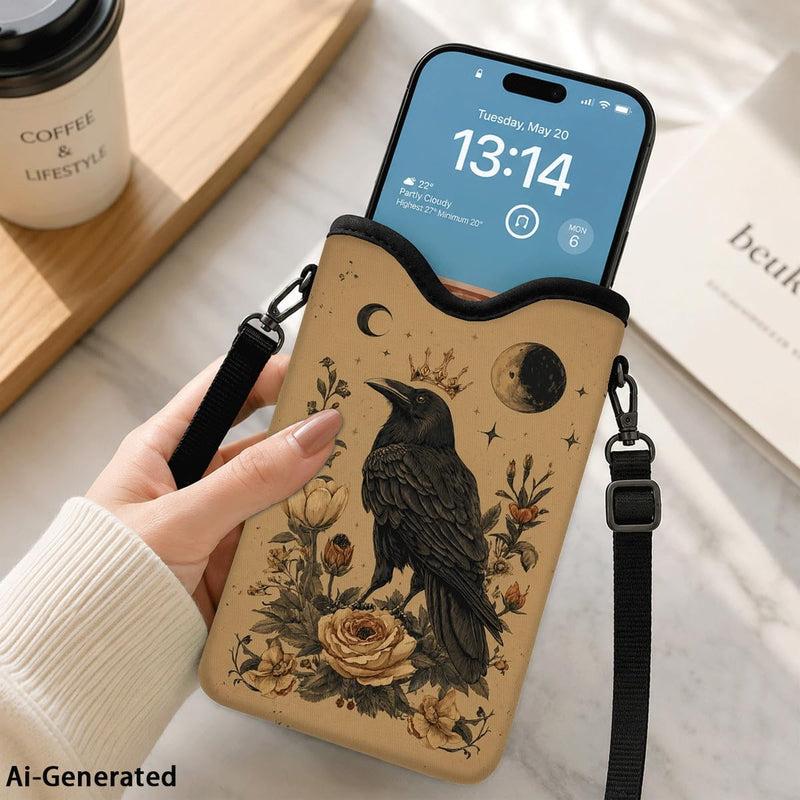 Neoprene Phone Sleeve Pouch Case Bag for Women Men with Crossbody Strap, 7.1x3.9 in, Shockproof Mobile Protection Case Bag with Neck Lanyard, Fits Most Phones, Gothic Raven Color 06